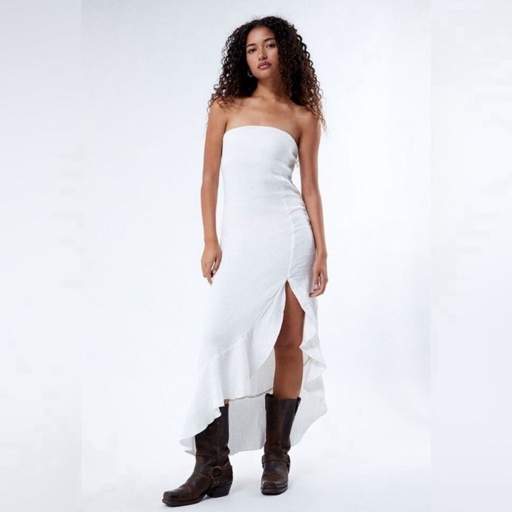 Free People Made Me Blush Midi Strapless Gauzy Cotton Strapless Slit White Dress
